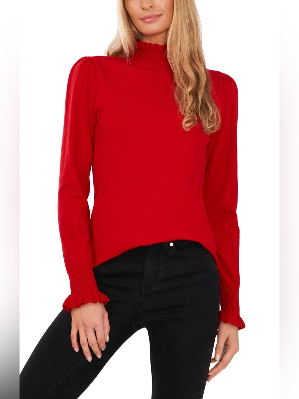 NWOT CeCe Red Mock Neck Ruffle Cuff Sweater